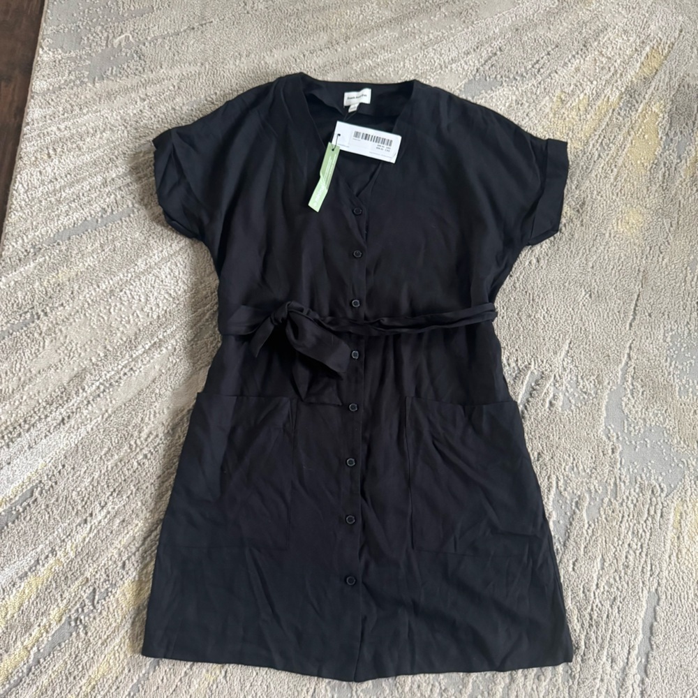 Frank and Oak black mini shirt dress tie waist minimalist button front small new